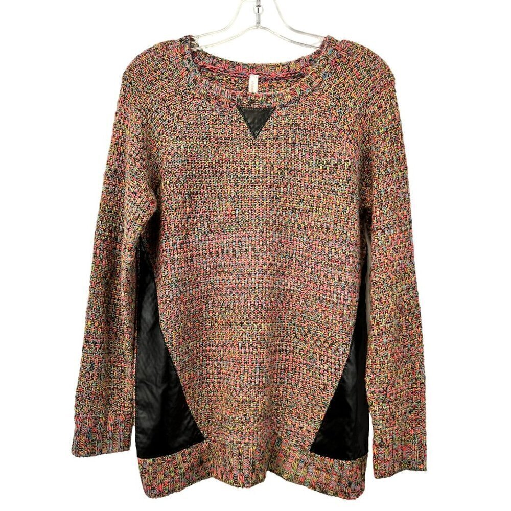 xhilaration Women’s Long Sleeve Neon Pink/Multi Sweater Faux Leather Accents M